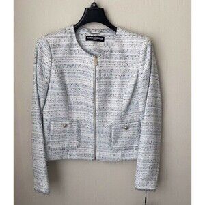 Karl Lagerfeld Paris Women's Tweed Fringe Suit Jacket Blazer In Blue Size 12